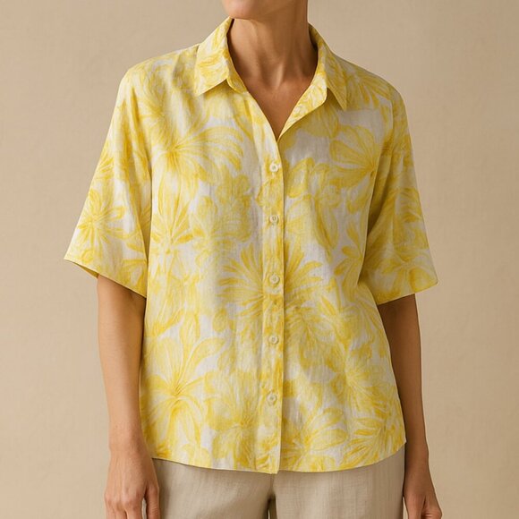 Jones New York Womens 100% Linen Yellow Print Button down top Size X-Large - Picture 1 of 6
